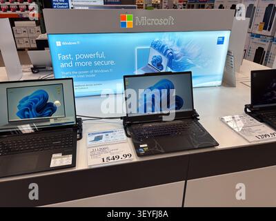 A retail shelf display featuring MSI gaming laptops running Windows 11 with pricing labels and Microsoft promotional signage in a store. Stock Photo
