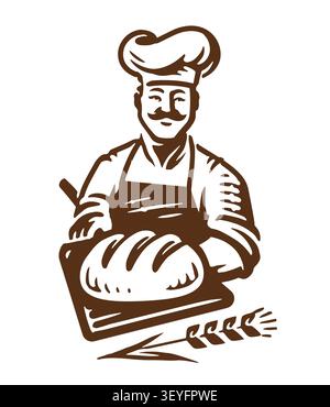 Smiling baker with fresh bread, bakery mascot icon Stock Vector