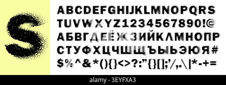 Gradient spray font, noisy shadow alphabet with dotted digits abc. Black figure shape and grainy number of cyrillic and english symbol. Russian or Stock Vector