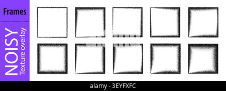 Grain frame noise, brush airbrush for square vector gradient. Abstract background sand and dotted white paint edge pattern in black. Dust film with Stock Vector