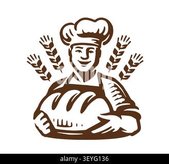 smiling baker holding fresh bread, bakery mascot emblem Stock Vector