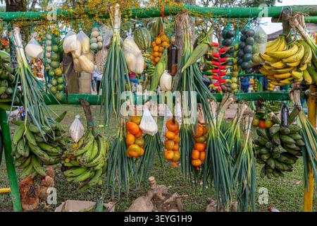 Colombian open-air market stall showcasing a colorful array of freshly harvested goods, with various fruits, vegetables, and other produce hanging on Stock Photo