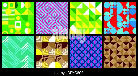 Set of 8 retro bauhaus black and white geometric pattern minimal posters seamless design. Trendy design abstract bauhaus vector graphic background Stock Vector