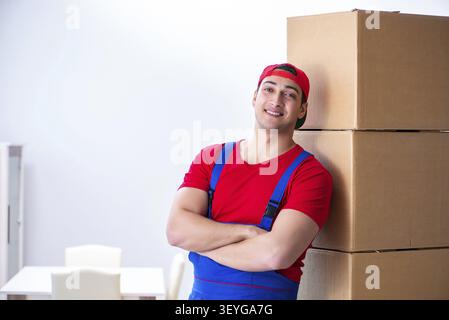 Contractor worker moving boxes during office move Stock Photo