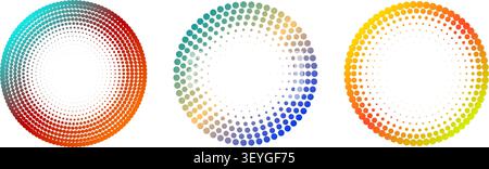 Modern vibrant geometric circle elements featuring rainbow halftone dot patterns on white Stock Vector