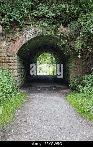Old stone and brick arch tunnel under a disused railway line on a walking path at Philips Park, Whitefield, Bury, Greater Manchester, UK. Stock Photo