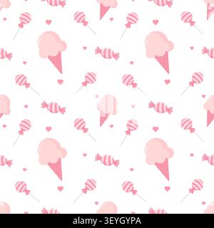 Adorable seamless pattern featuring pink ice cream cones, lollipops, and candies on a white background. Perfect for baby shower wallpaper, gift wrap, Stock Vector