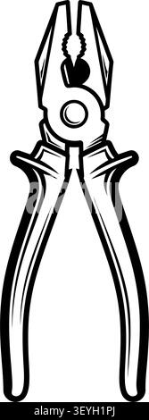 Black and white line art illustration of a pair of metal pliers for construction work Stock Vector
