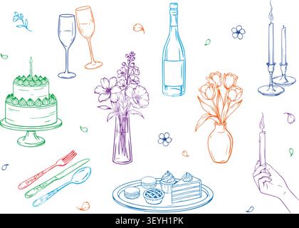 Hand drawn celebration party elements with cake wine flowers and candles sketch set Stock Vector