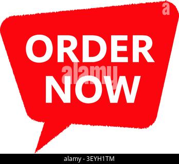 Red speech bubble icon with white order now text isolated on a white background Stock Vector
