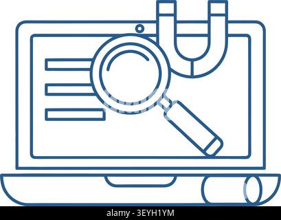 Laptop computer icon with a magnifying glass and a magnet for seo and web marketing Stock Vector