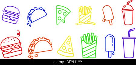 Set of colorful hand drawn fast food doodle icons on a white background Stock Vector