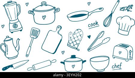 Collection of hand drawn kitchen tools and cooking equipment icons in doodle style Stock Vector