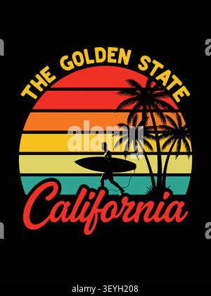 Vintage california golden state surfing design with palm trees and sunset graphic Stock Vector