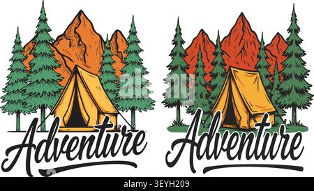 Camping adventure logo with yellow tents mountains and pine trees set Stock Vector