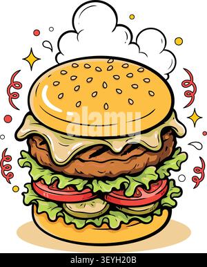 Delicious fresh cheeseburger with steam in a fun cartoon art style Stock Vector