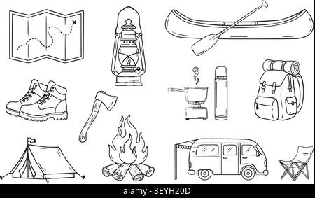 Set of camping and hiking equipment icons in hand drawn sketch style Stock Vector