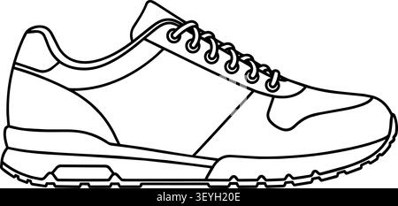 Black and white line art illustration of a modern running sneaker shoe Stock Vector