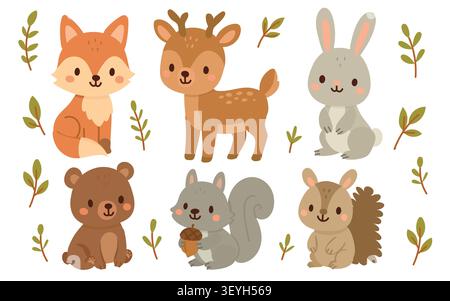 Forest animal cartoon with cute vector nature and bear illustration set. Bird baby isolated with woodland forest flat and design fox deer. Rabbit fox Stock Vector
