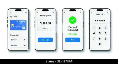 Vector 3d Mobile Payment App, Vector Illustration. Digital Wallet Screens with Credit Card, Send Payment, PIN Code, Successful Transaction. Online Stock Vector