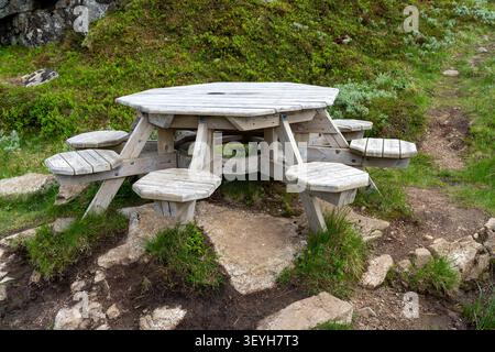 Wooden Outdoor Picnic Table in Nature Stock Photo