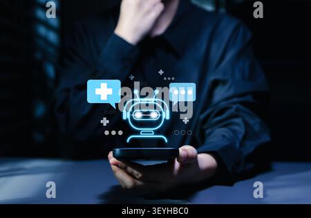 AI healthcare chatbot and medical support technology concept. virtual assistant, health chat, medical cross, patient communication, online consult Stock Photo