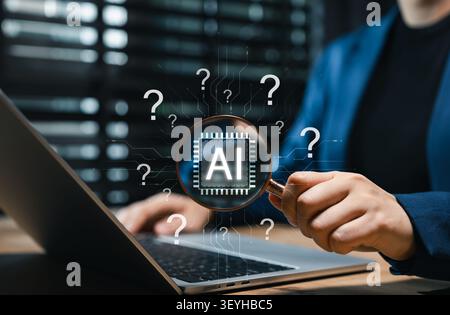 AI investigation and artificial intelligence research concept. Magnifying glass over AI chip with question marks, technology uncertainty, Stock Photo