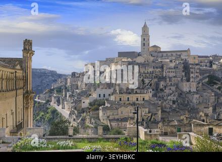 Panoramic view over the whole of the ancient city of Matera and the canyon Stock Photo