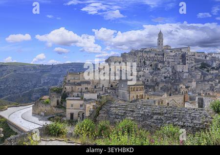 Panoramic view over the whole of the ancient city of Matera and the canyon Stock Photo