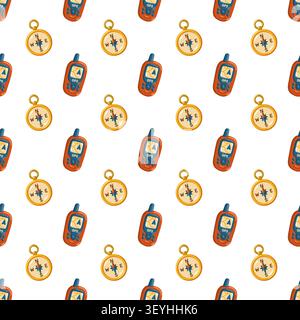 Compass and GPS device seamless pattern on white background. Cartoon vector repeat print. Stock Vector