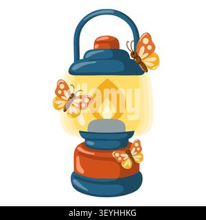Lantern with glowing flame and butterflies. Cartoon vector isolated illustration on white background.  Stock Vector