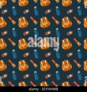 Camping gear seamless pattern on dark teal background. Cartoon vector outdoor equipment print.  Stock Vector