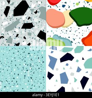 Set of modern terrazzo seamless patterns featuring abstract stone chips, colorful mineral textures, and contemporary surfaces for interiors. Stock Vector