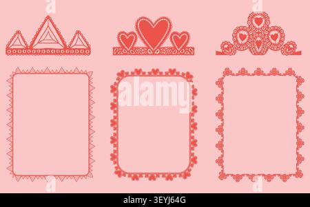 Lace frame edge for border scallop heart and trim circle square. Oval antique pattern for wavy brush lace and ruffle decorative drawn. Lace red stripe Stock Vector