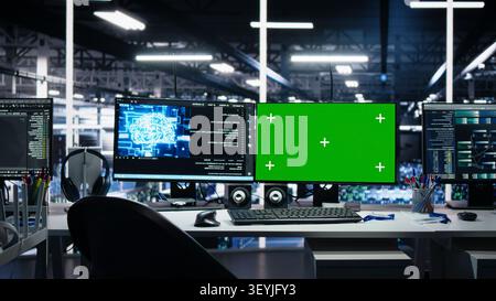 Chroma key isolated screen computers managing server room gear working with AI tech. Stock Photo