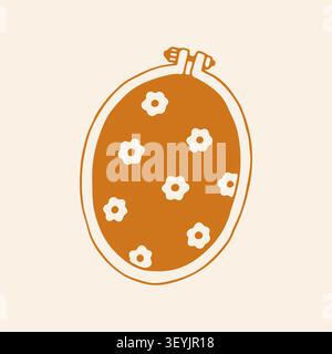Vector illustration of an oval embroidery hoop, hand drawn in orange line art. Inside, a simple pattern of small stylized flowers on a solid orange Stock Vector