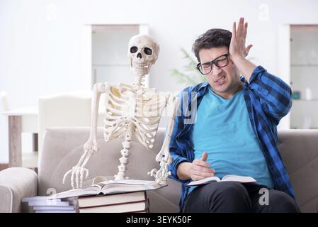 Student studying with skeleton preparing for exams Stock Photo
