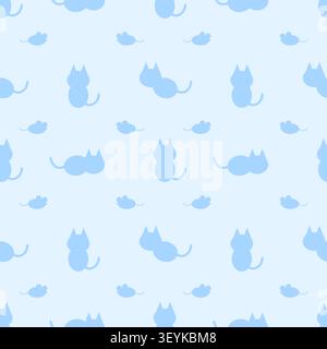 Adorable seamless pattern with sky blue pastel cat and mouse silhouettes on a light blue background. Ideal for festive wallpaper, scrapbooking, and fa Stock Vector