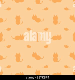 Warm orange pastel cat and mouse silhouettes seamless pattern background. Great for gift wrap, textile design, and cute pet stationery. Flat vector il Stock Vector