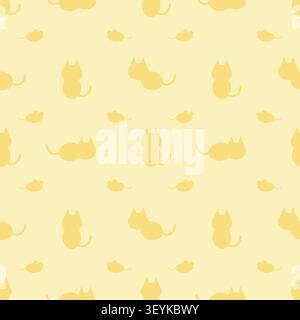 Cheerful yellow pastel cat and mouse silhouettes seamless pattern. Ideal for neutral nursery decor, children's stationery, and fabric prints. Flat vec Stock Vector