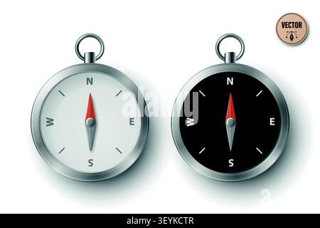 Vector 3d Compass Icon Set. Navigation Compass, Black and White Dial. Compass with Red Needle Isolated. Travel, Adventure, Direction, Map Design Stock Vector