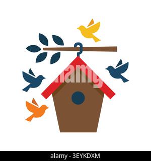 Colorful birdhouse with flying birds flat vector icon design, representing nature, wildlife, gardening, and peaceful outdoor environment. Stock Vector