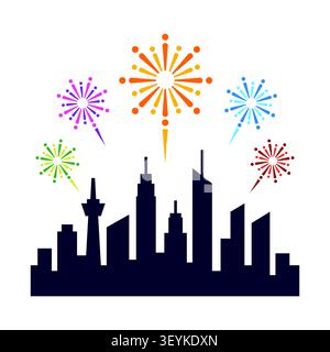 City skyline with colorful fireworks flat vector icon design, representing urban celebration, new year eve, and festive metropolitan atmosphere. Stock Vector