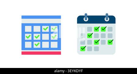Set of two flat calendar icons with green check marks, symbolizing efficient schedule planning, task management, and successful project deadlines. Stock Vector