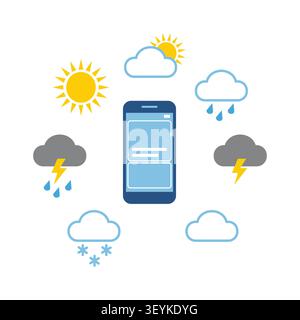Smartphone device surrounded by various weather forecast icons, illustrating digital climate monitoring and mobile application technology concepts. Stock Vector