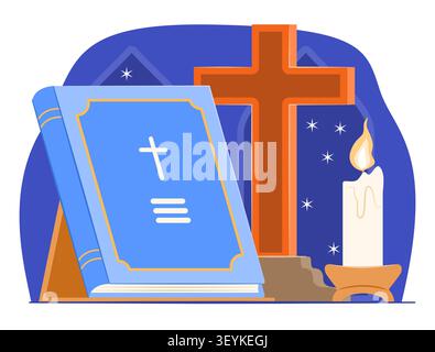 Bible Holy Book on Wooden Stand with Christian Cross and Candle for Christian Scripture Holy Book and Religion Items Concept Illustration Clip Art Stock Vector