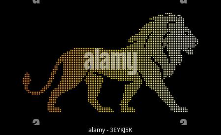 A side profile of a walking lion created from a grid of small glowing square dots with a color gradient from white to gold on black background Stock Vector
