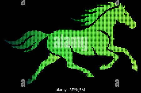 A stylized running horse silhouette composed of a digital dot matrix pattern with a vibrant green to teal gradient on a solid black background Stock Vector