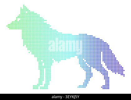 A stylized wolf silhouette composed of a grid of small colored dots with a smooth gradient transition from light teal to deep purple hues Stock Vector