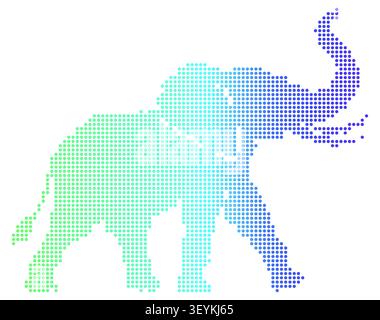 A stylized elephant silhouette composed of small circular dots with a smooth color gradient shifting from light green to blue and dark purple Stock Vector